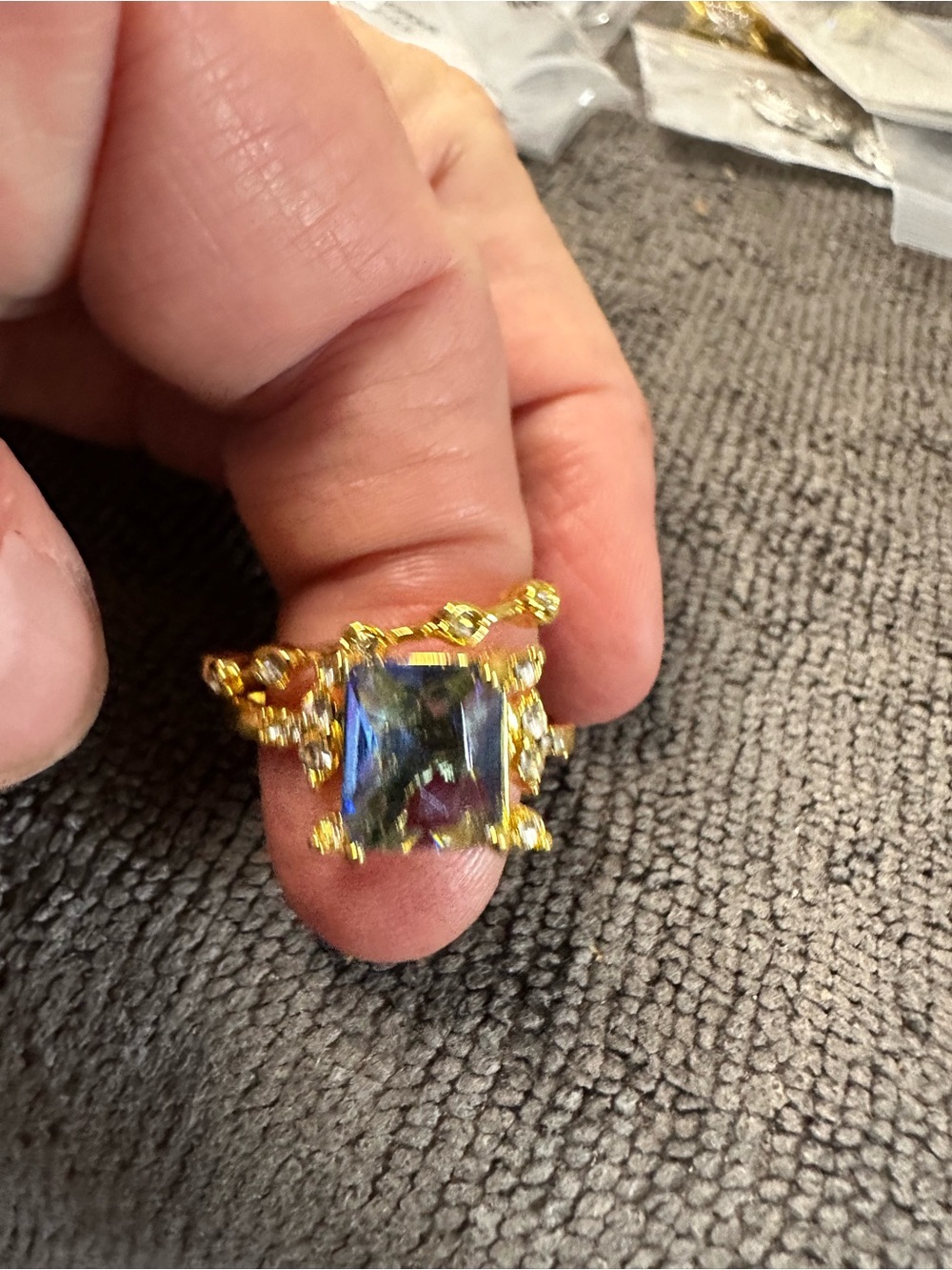 Gold-Tone Ring with Blue-Green Rectangular Crystal size 11
